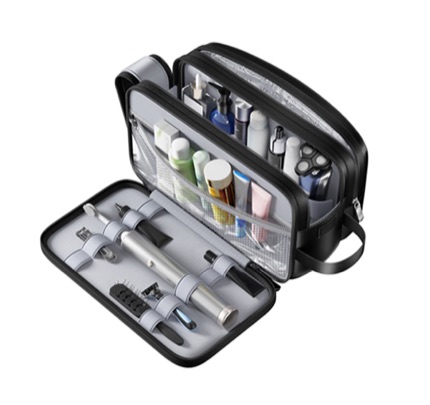 Open travel toiletry bag with bottles